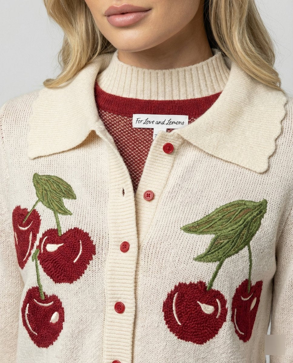 Women's Cropped Cherry Plaid Knit Button-Up Cardigan Coat