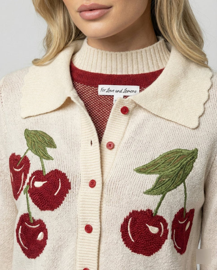 Women's Cropped Cherry Plaid Knit Button-Up Cardigan Coat