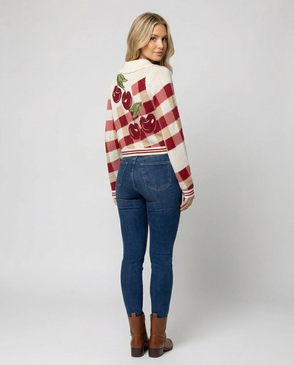 Women's Cropped Cherry Plaid Knit Button-Up Cardigan Coat