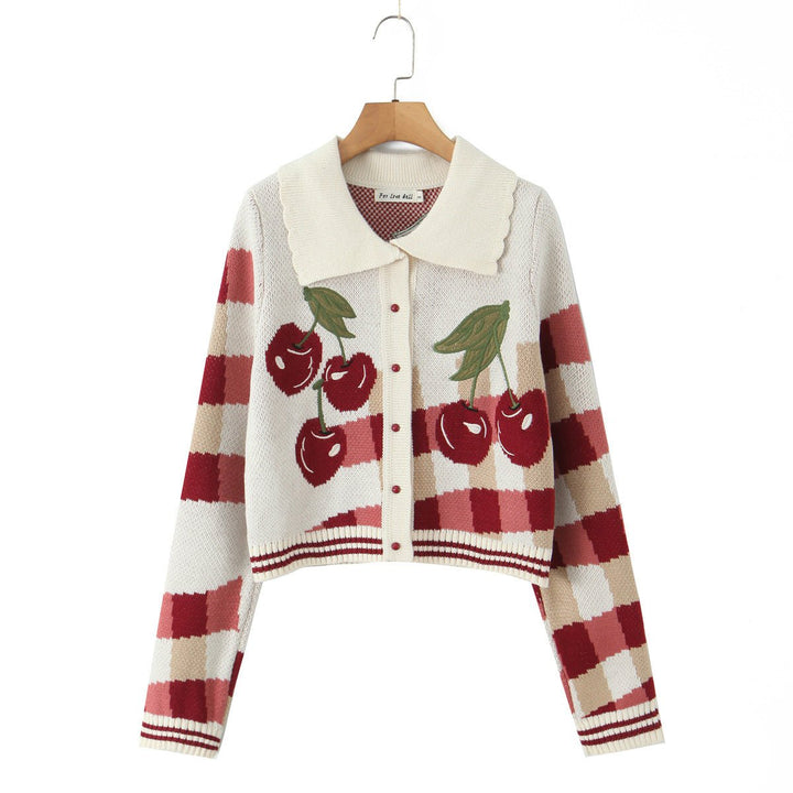 Women's Cropped Cherry Plaid Knit Button-Up Cardigan Coat