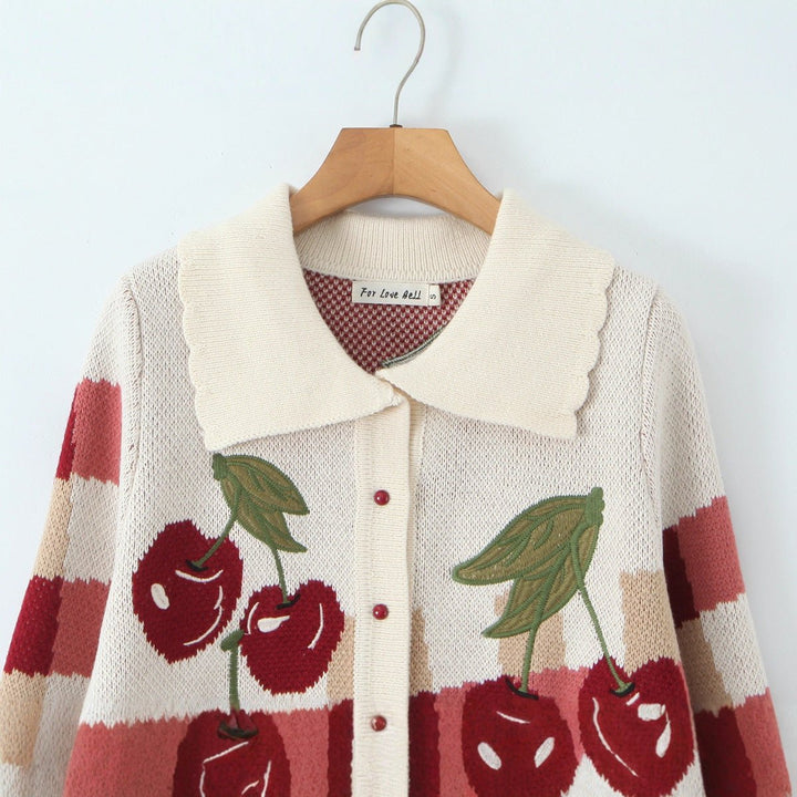 Women's Cropped Cherry Plaid Knit Button-Up Cardigan Coat