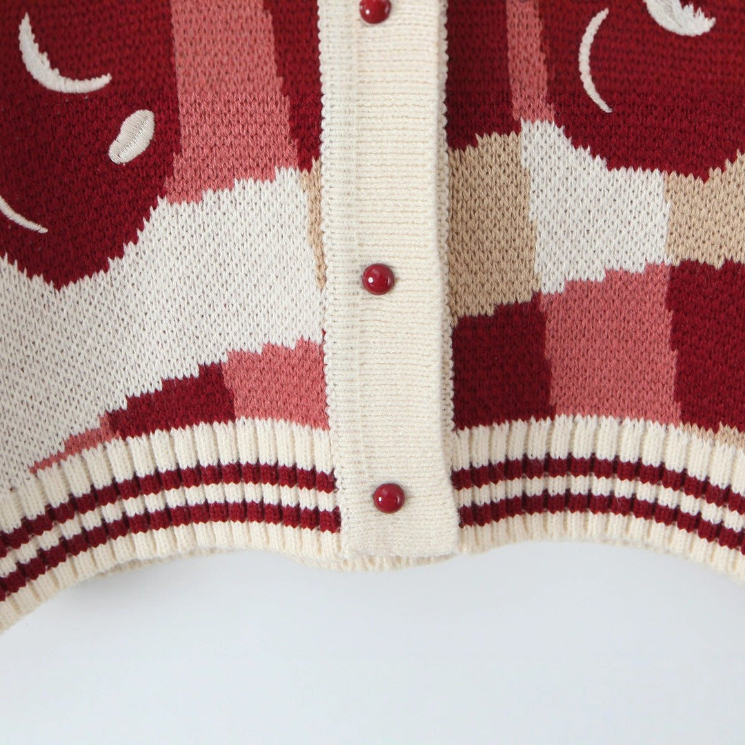 Women's Cropped Cherry Plaid Knit Button-Up Cardigan Coat