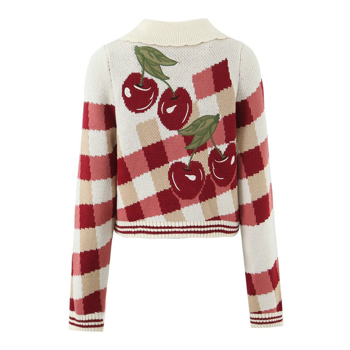 Women's Cropped Cherry Plaid Knit Button-Up Cardigan Coat