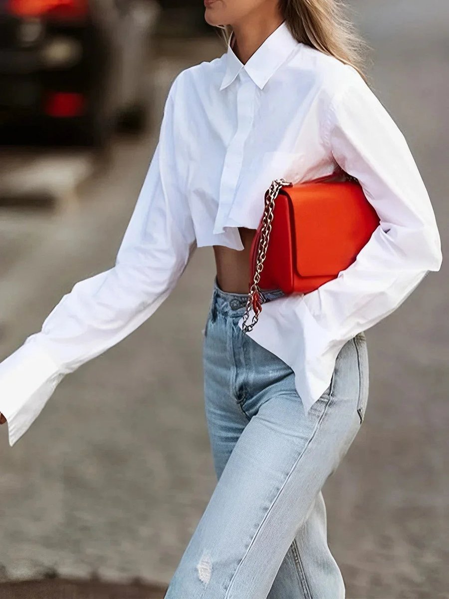 Women's Cropped Long-Sleeve Blouse Button-Up Collared Shirt
