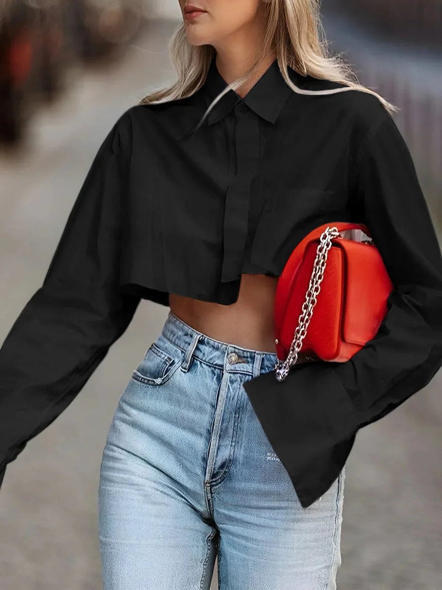Women's Cropped Long-Sleeve Blouse Button-Up Collared Shirt