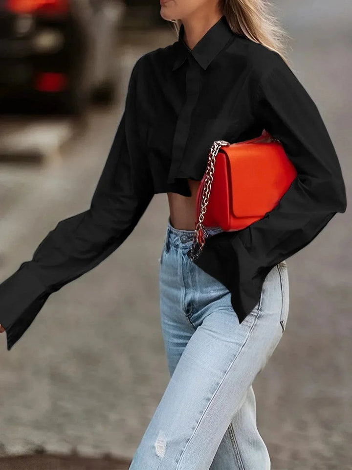 Women's Cropped Long-Sleeve Blouse Button-Up Collared Shirt