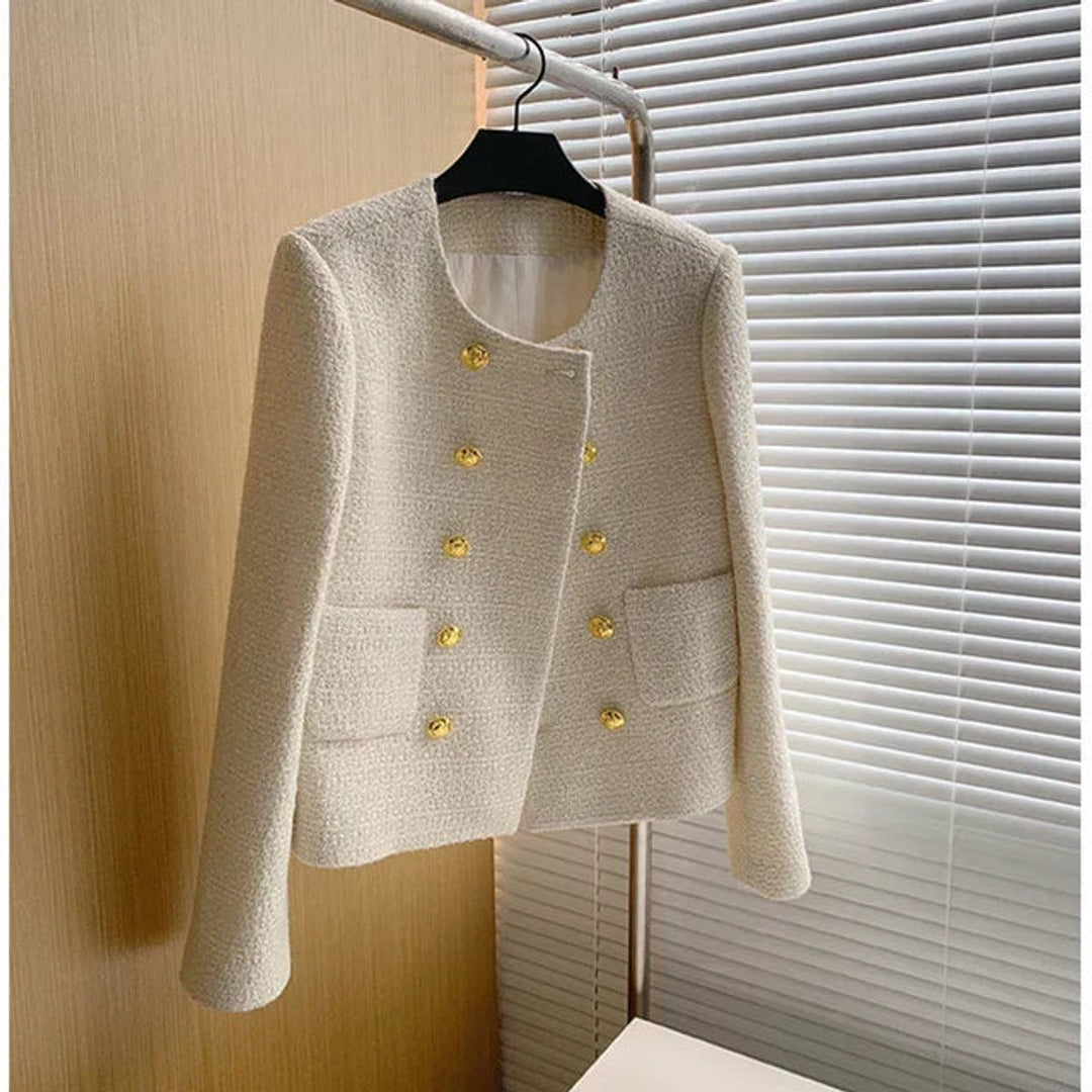 Womens Cropped Tweed Wool Coat Double-Breasted Short Jacket