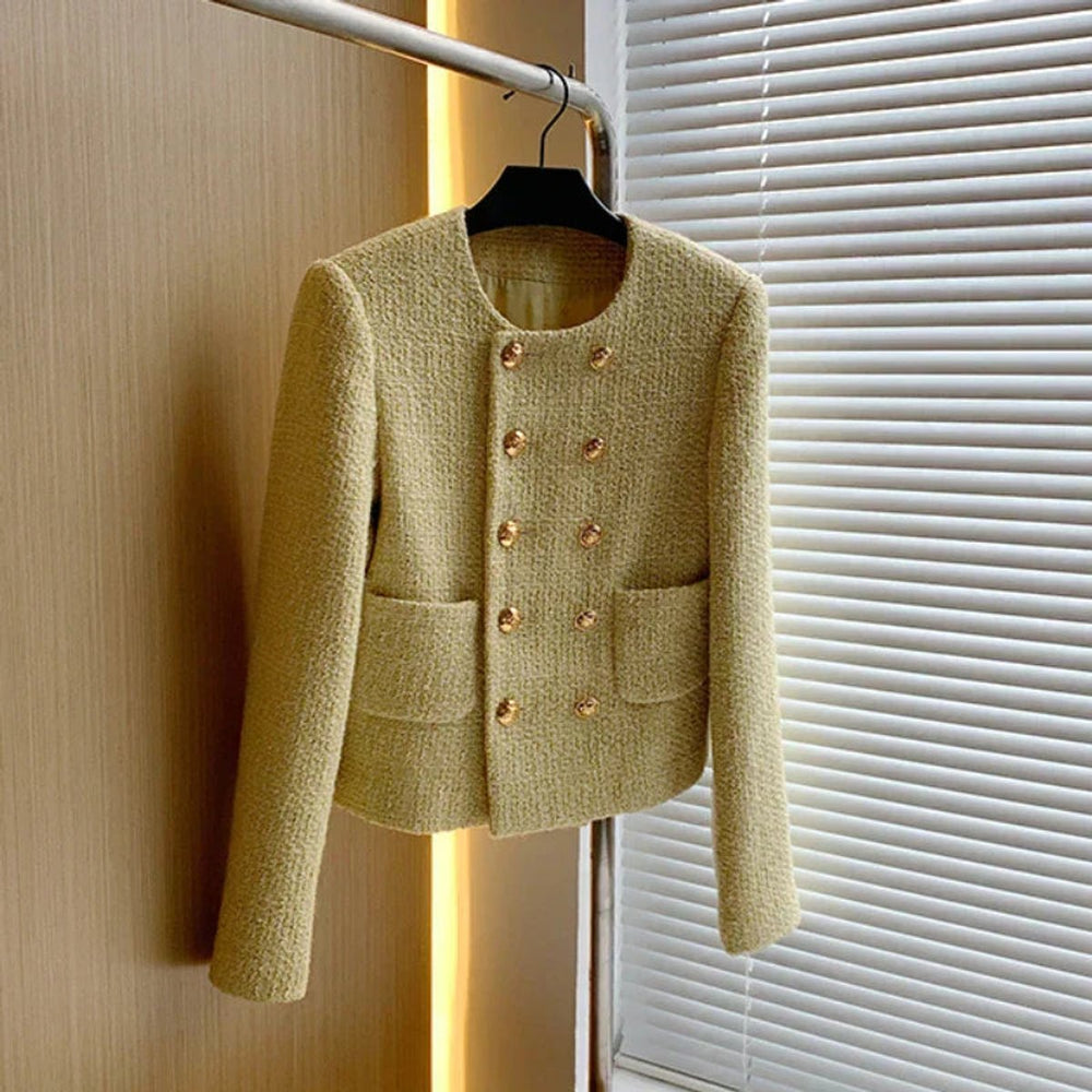 Womens Cropped Tweed Wool Coat Double-Breasted Short Jacket