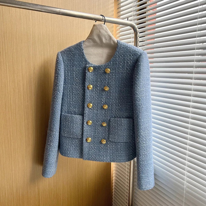 Womens Cropped Tweed Wool Coat Double-Breasted Short Jacket