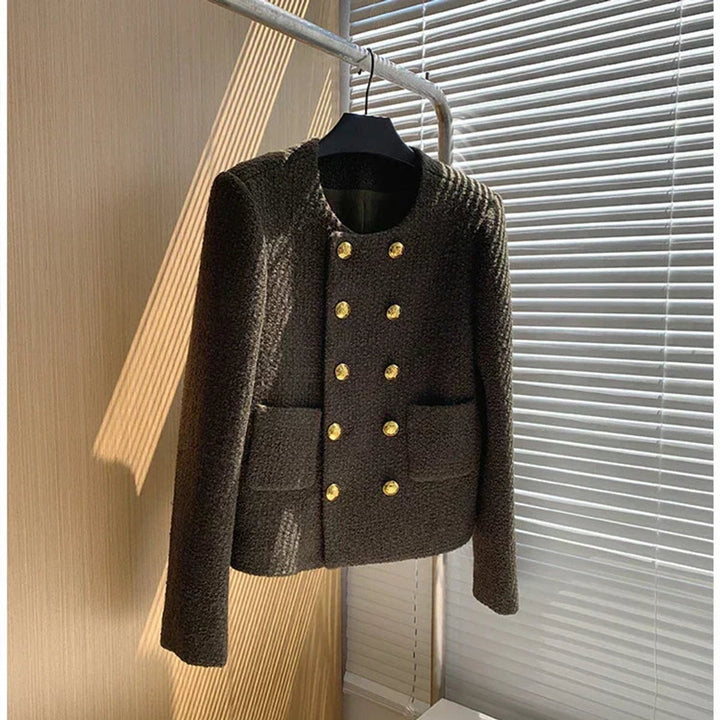 Womens Cropped Tweed Wool Coat Double-Breasted Short Jacket