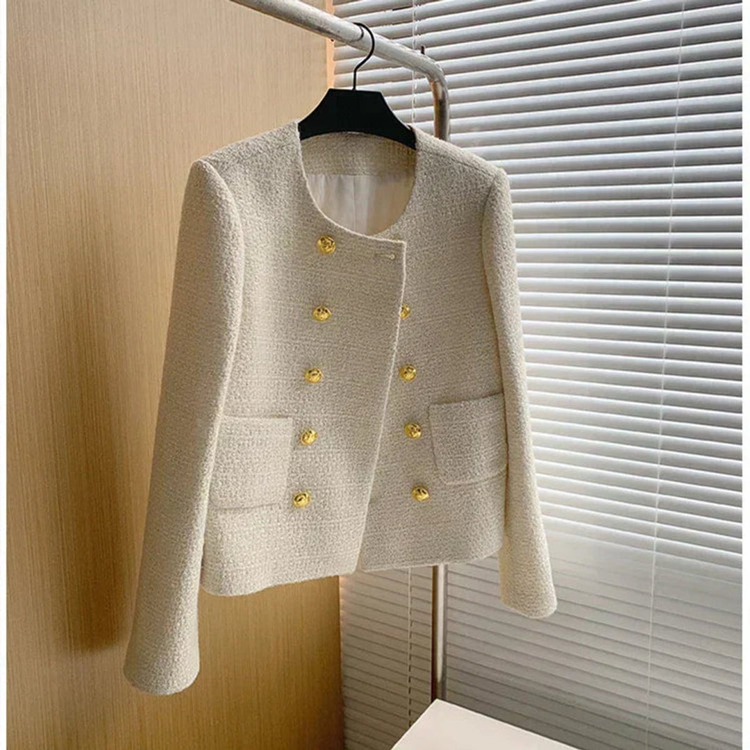 Womens Cropped Tweed Wool Coat Double-Breasted Short Jacket