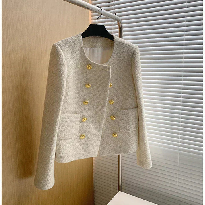 Womens Cropped Tweed Wool Coat Double-Breasted Short Jacket