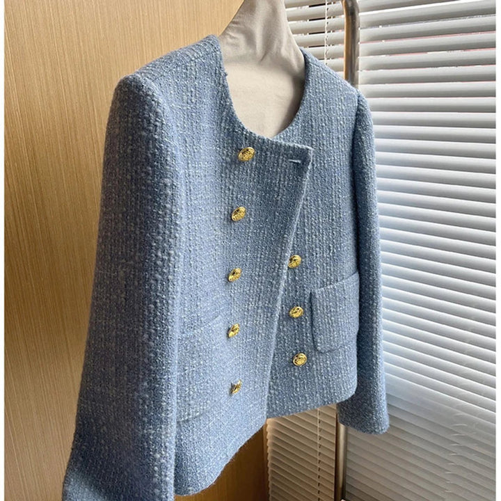 Womens Cropped Tweed Wool Coat Double-Breasted Short Jacket