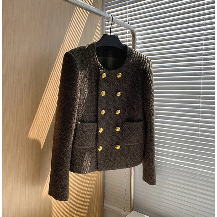 Womens Cropped Tweed Wool Coat Double-Breasted Short Jacket