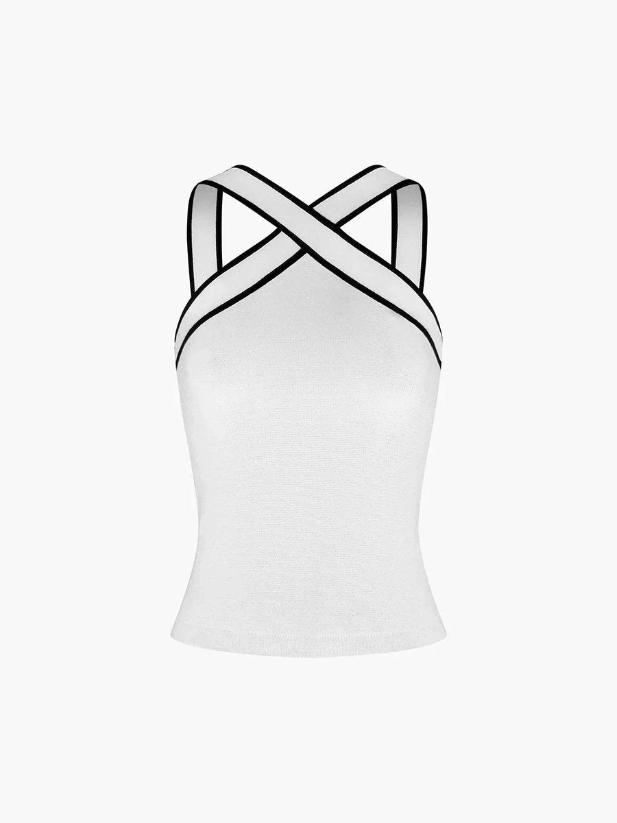 Women's Crossed Halter-Neck Fitted Cami Top Contrast Trim