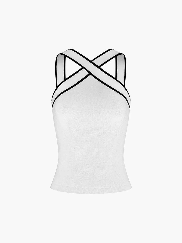 Women's Crossed Halter-Neck Fitted Cami Top Contrast Trim