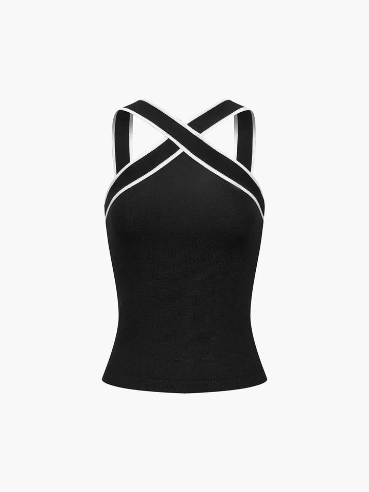 Women's Crossed Halter-Neck Fitted Cami Top Contrast Trim