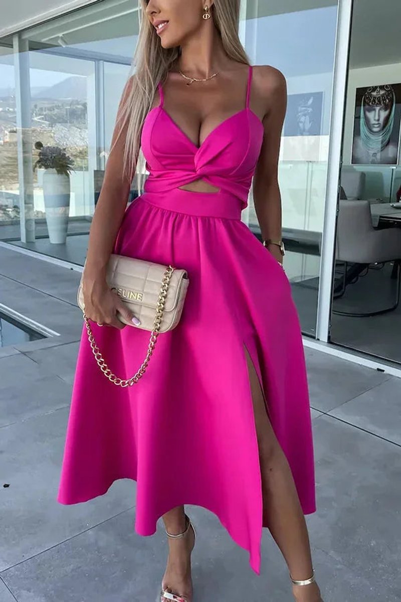 Women's Cut-Out Spaghetti Strap Christmas Party Midi Dress Front Slit
