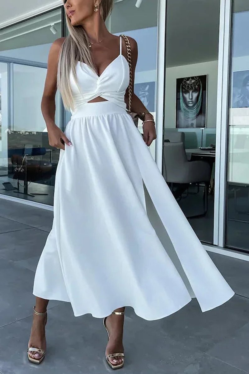 Women's Cut-Out Spaghetti Strap Christmas Party Midi Dress Front Slit