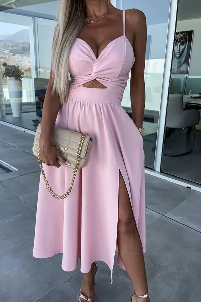 Women's Cut-Out Spaghetti Strap Christmas Party Midi Dress Front Slit