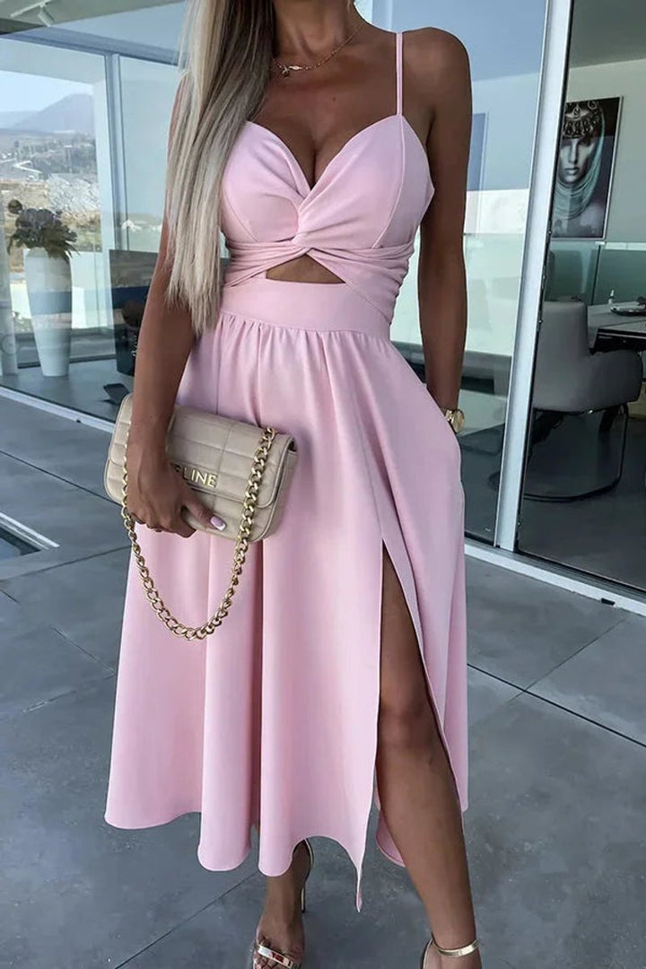 Women's Cut-Out Spaghetti Strap Christmas Party Midi Dress Front Slit