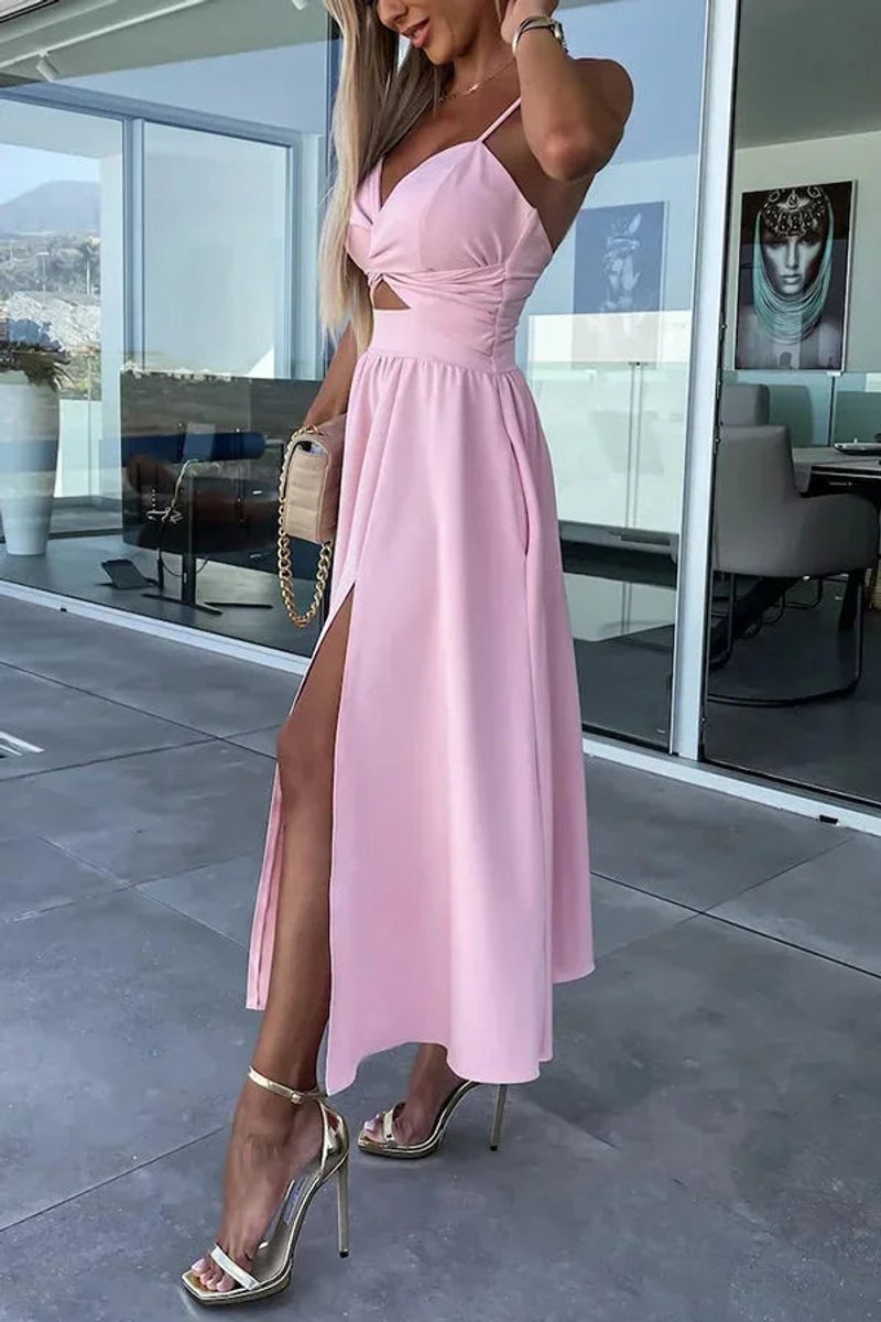 Women's Cut-Out Spaghetti Strap Christmas Party Midi Dress Front Slit