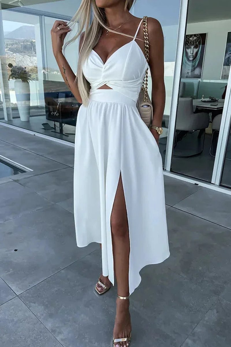 Women's Cut-Out Spaghetti Strap Christmas Party Midi Dress Front Slit