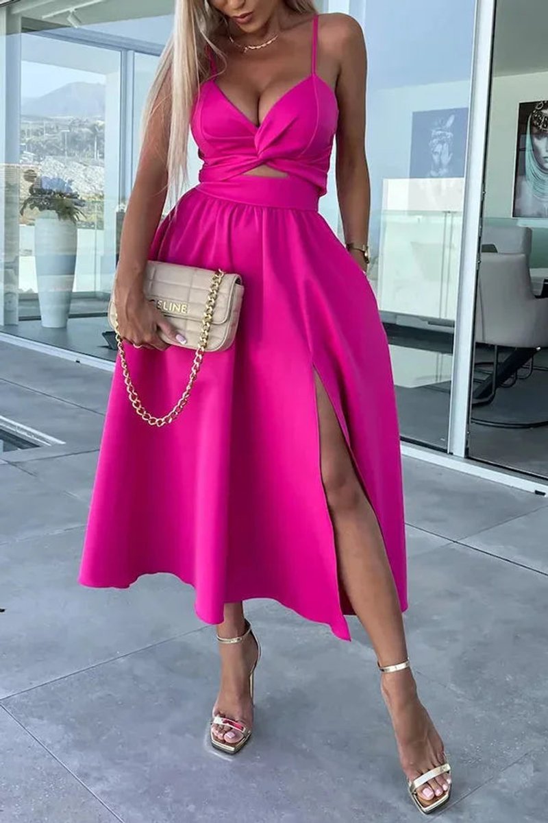 Women's Cut-Out Spaghetti Strap Christmas Party Midi Dress Front Slit