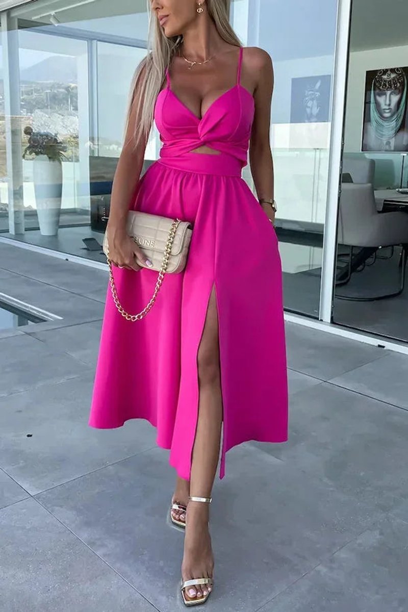 Women's Cut-Out Spaghetti Strap Christmas Party Midi Dress Front Slit