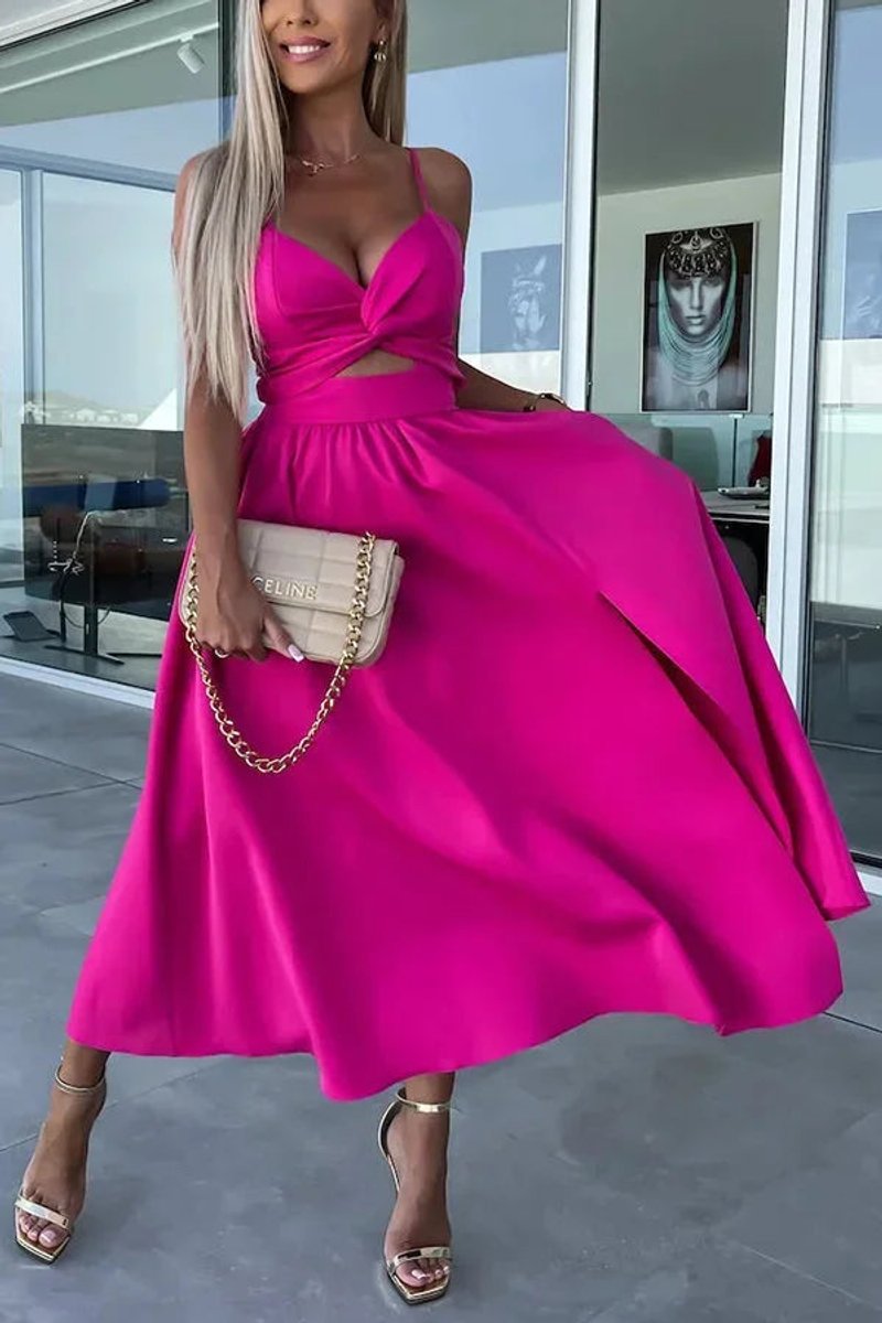 Women's Cut-Out Spaghetti Strap Christmas Party Midi Dress Front Slit