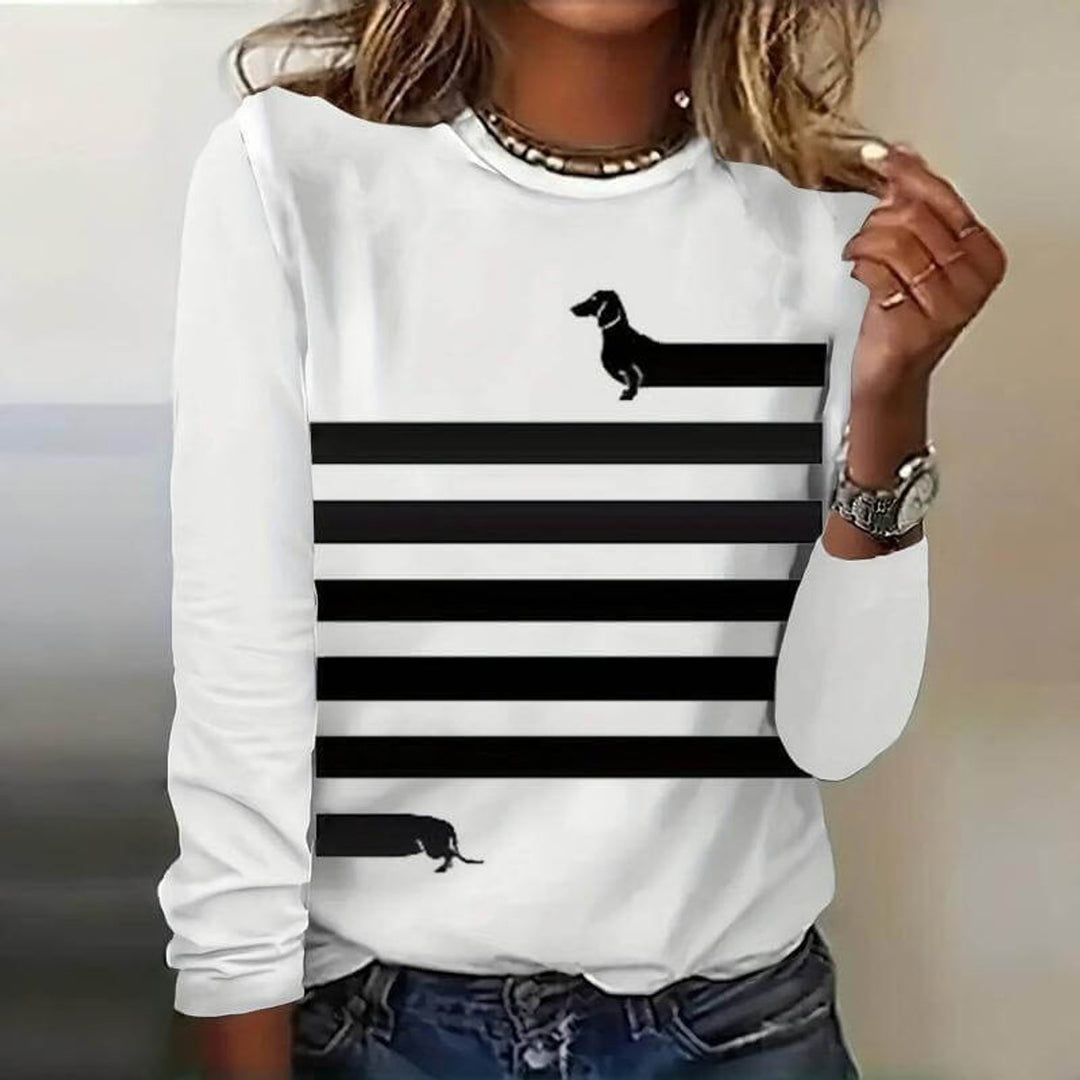 Women's Dachshund Print Long-Sleeve Top Striped Casual Blouse