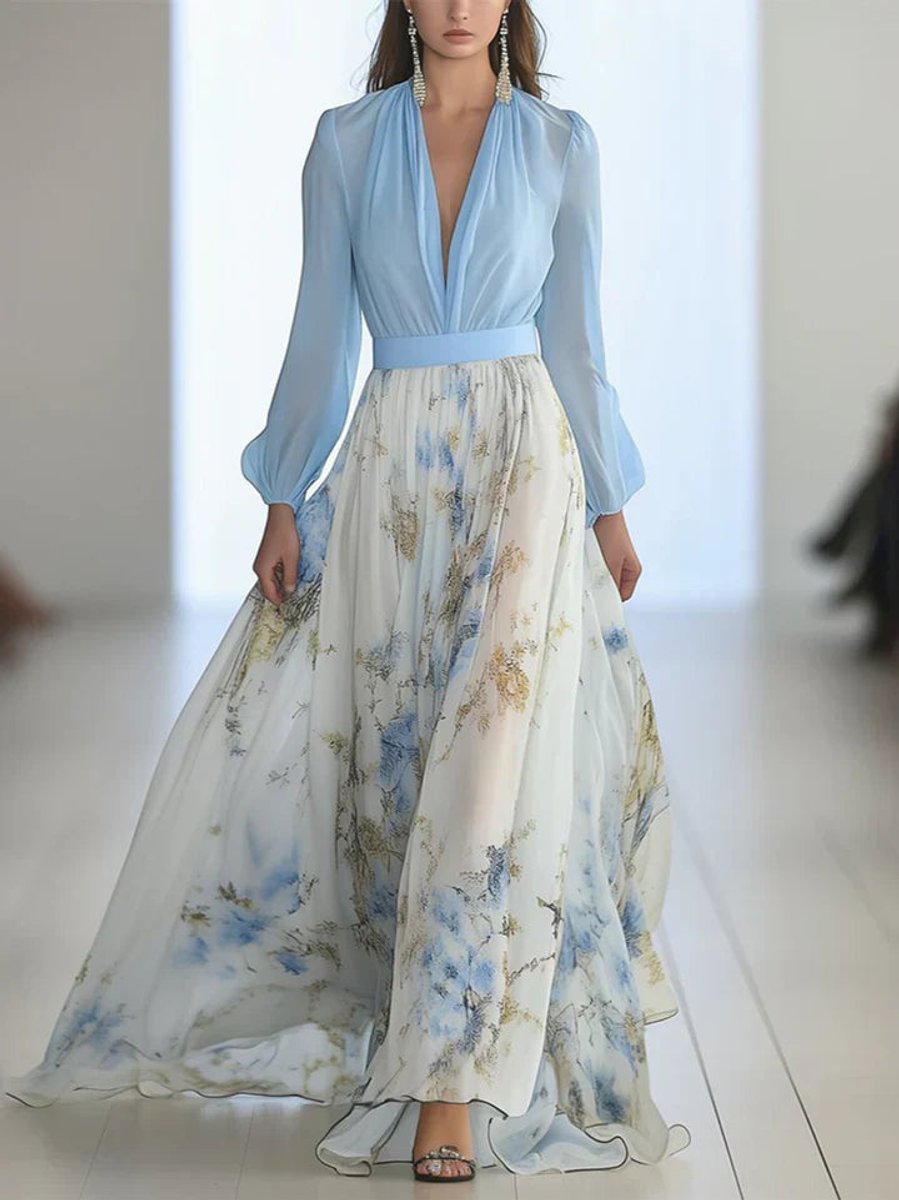 Women's Deep V-Neck Floral Chiffon Maxi Party Dress