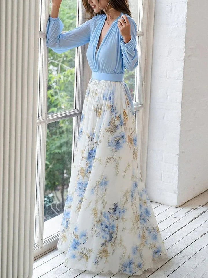 Women's Deep V-Neck Floral Chiffon Maxi Party Dress