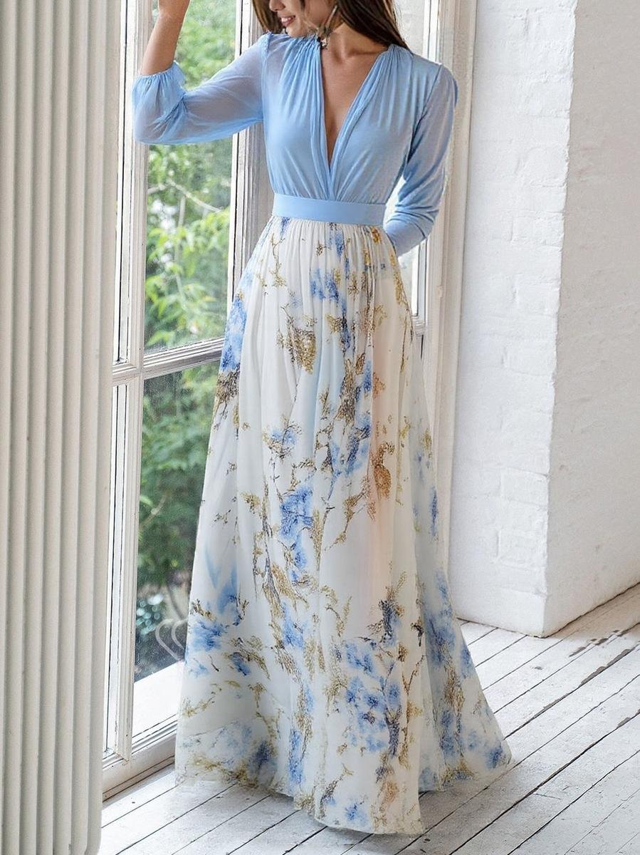 Women's Deep V-Neck Floral Chiffon Maxi Party Dress