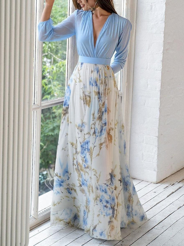 Women's Deep V-Neck Floral Chiffon Maxi Party Dress