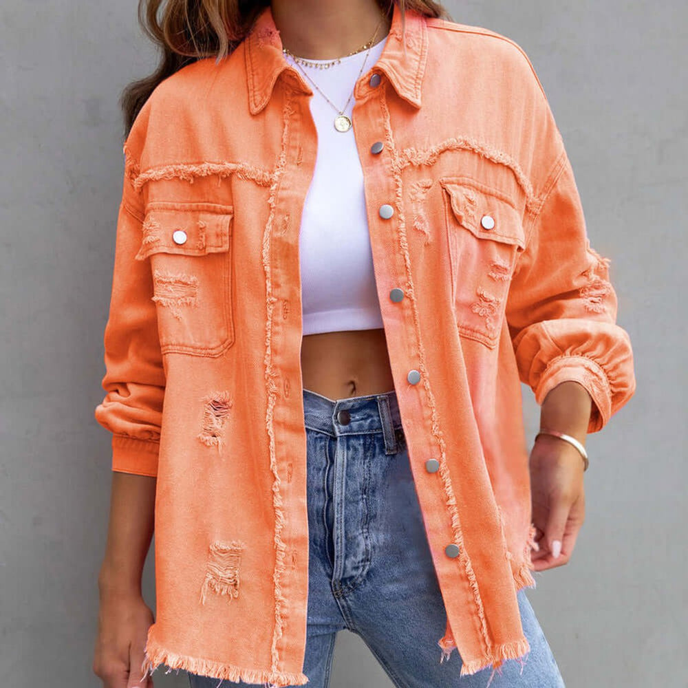 Womens Distressed Denim Oversized Jacket Coat
