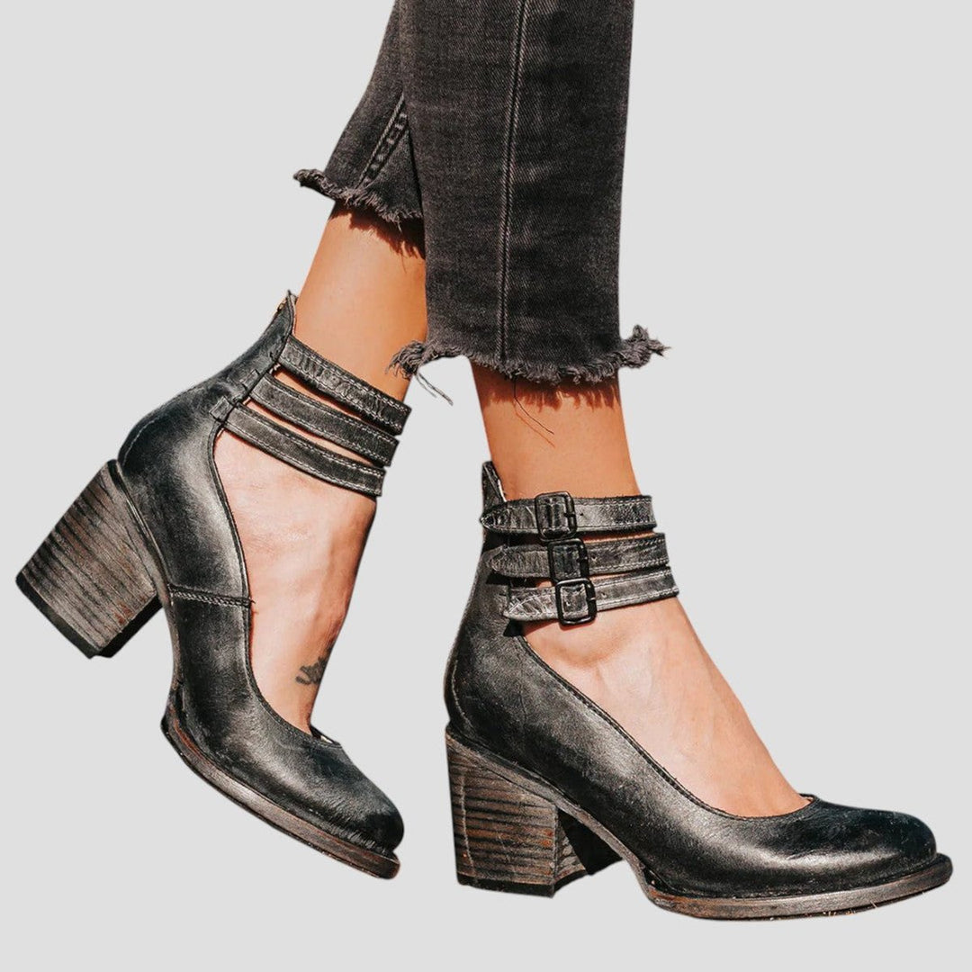 Women's Distressed Leather-Look Double-Buckle Block-Heel Ankle Boots - Black