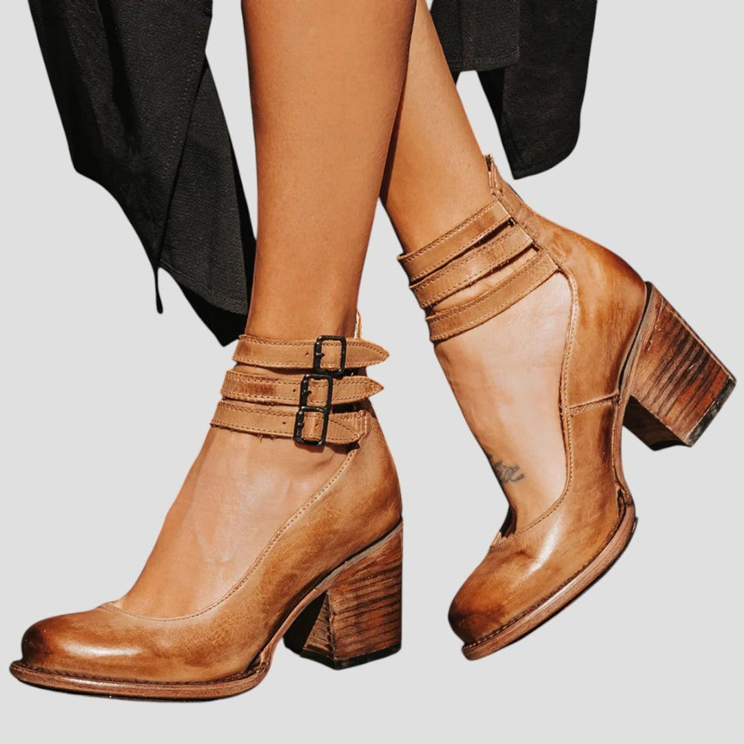 Women's Distressed Leather-Look Double-Buckle Block-Heel Ankle Boots - Brown