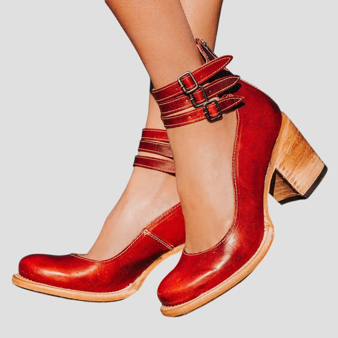 Women's Distressed Leather-Look Double-Buckle Block-Heel Ankle Boots - Red