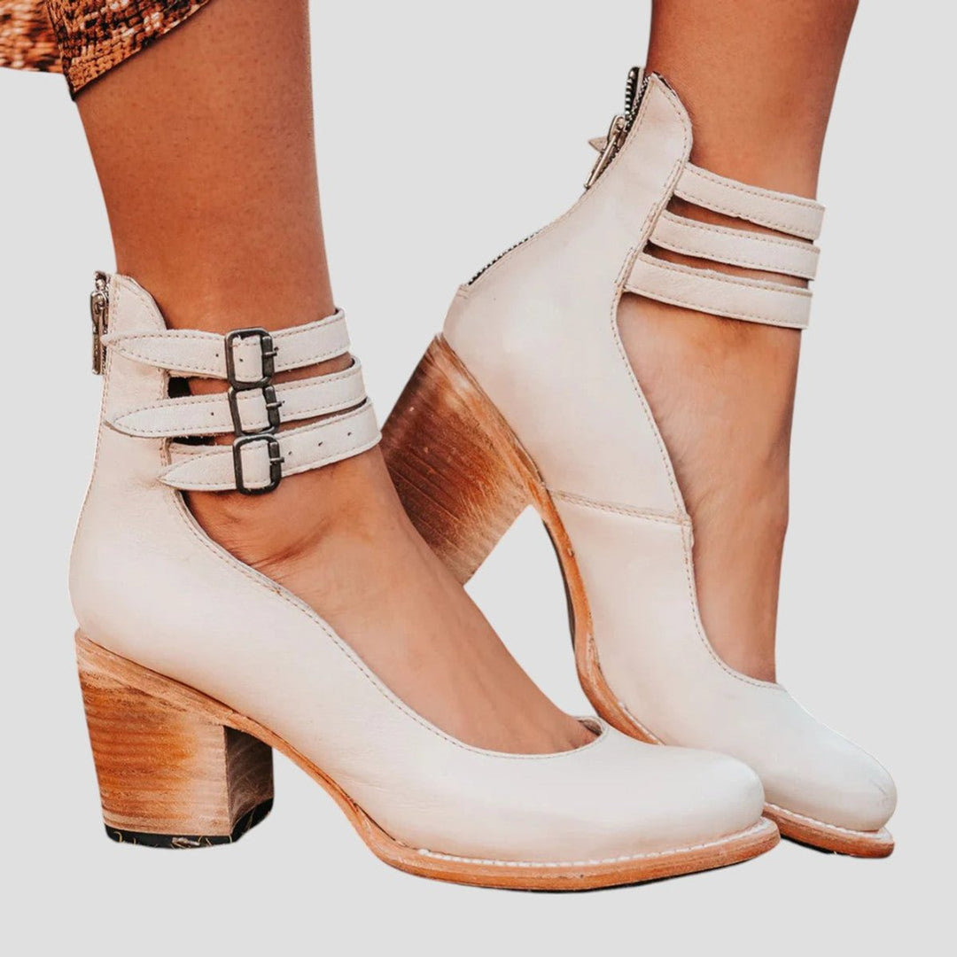 Women's Distressed Leather-Look Double-Buckle Block-Heel Ankle Boots - White
