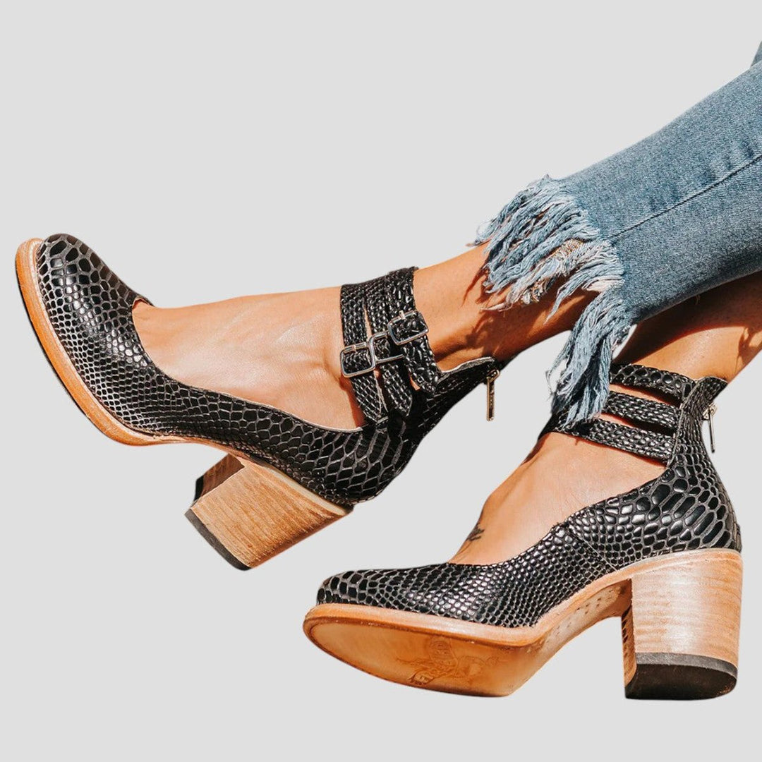 Women's Distressed Leather-Look Double-Buckle Block-Heel Ankle Boots - Black Snake Print