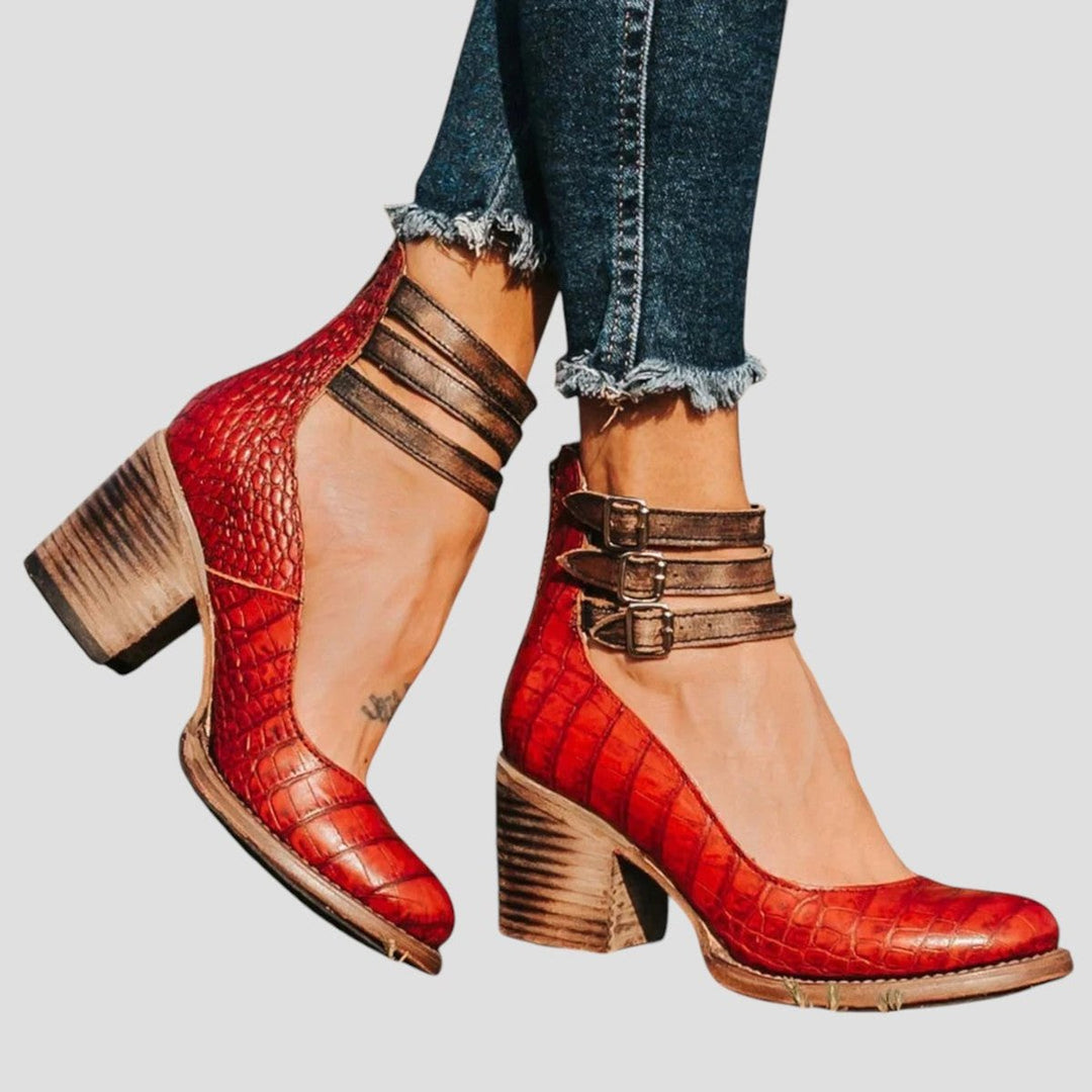Women's Distressed Leather-Look Double-Buckle Block-Heel Ankle Boots - Red Snake Print