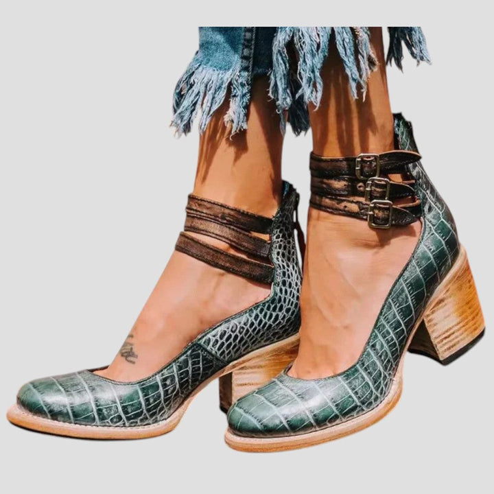 Women's Distressed Leather-Look Double-Buckle Block-Heel Ankle Boots - Green Snake Print