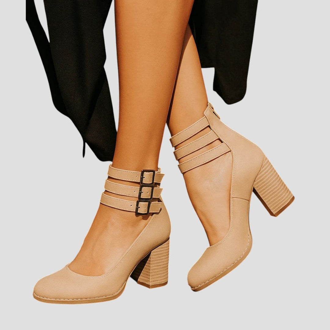 Women's Distressed Leather-Look Double-Buckle Block-Heel Ankle Boots - Cream
