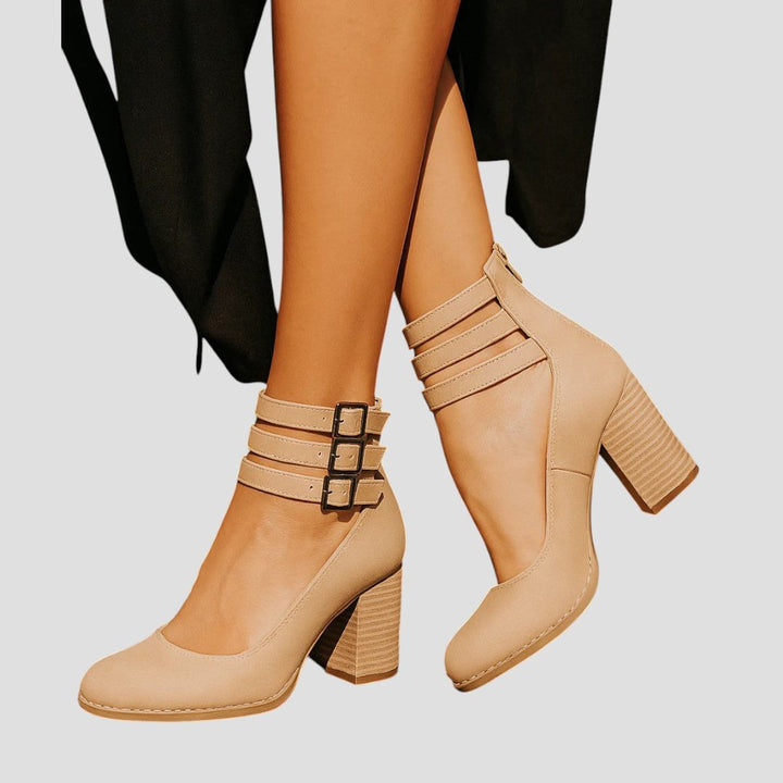 Women's Distressed Leather-Look Double-Buckle Block-Heel Ankle Boots - Cream