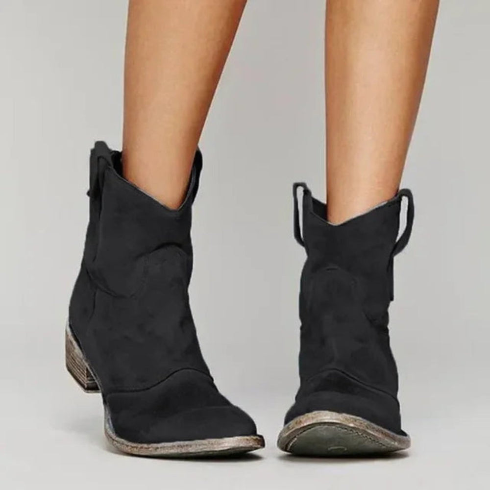 Women's Distressed Suede Pull-On Ankle Boots Block Heel