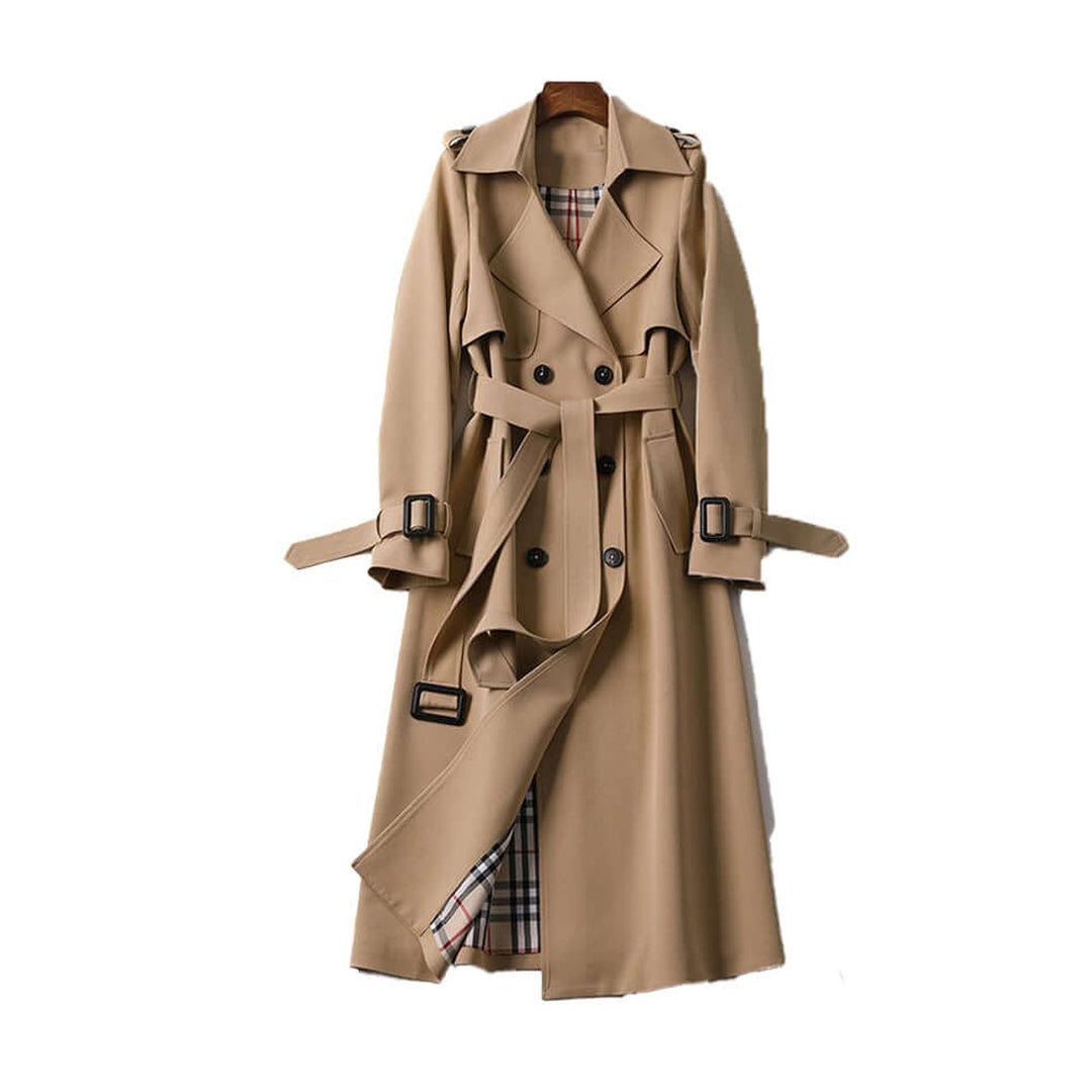 Women's Double-Breasted Belted Trench Coat Checked Lining