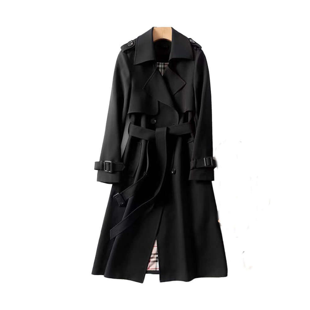 Women's Double-Breasted Belted Trench Coat Checked Lining