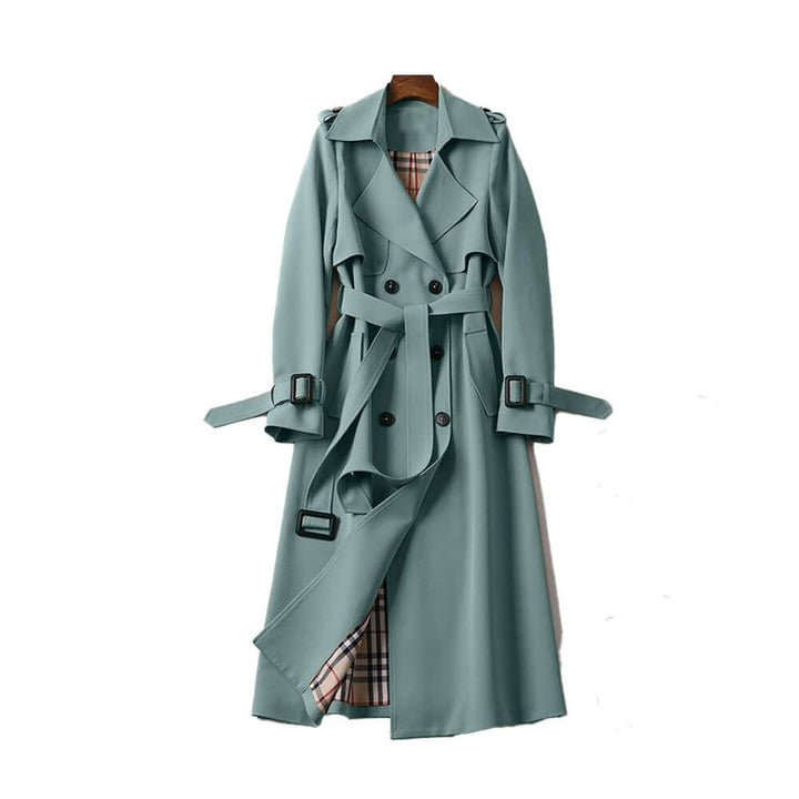 Women's Double-Breasted Belted Trench Coat Checked Lining