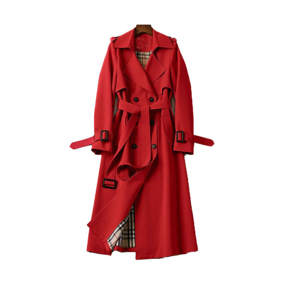 Women's Double-Breasted Belted Trench Coat Checked Lining